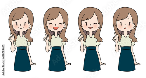 人差し指を立てた若い女性のイラスト／セット