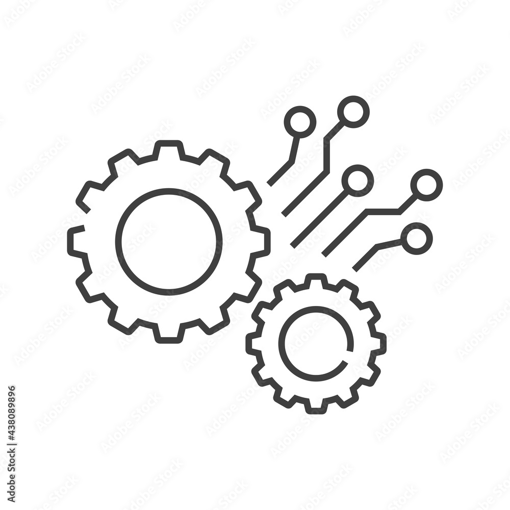 Tecnología electrónica. Logotipo con 2 engranajes con circuito digital con lineas de color gris