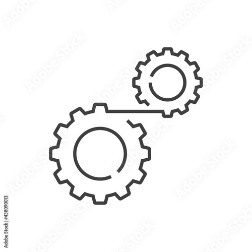 Maquinaria industrial. Logotipo 2 engranajes con cinturón con lineas en color gris