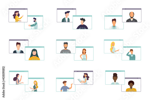Video conferencing, social distancing, business discussion. Remote work. Video communication, conference, work from home. A set of illustrations.