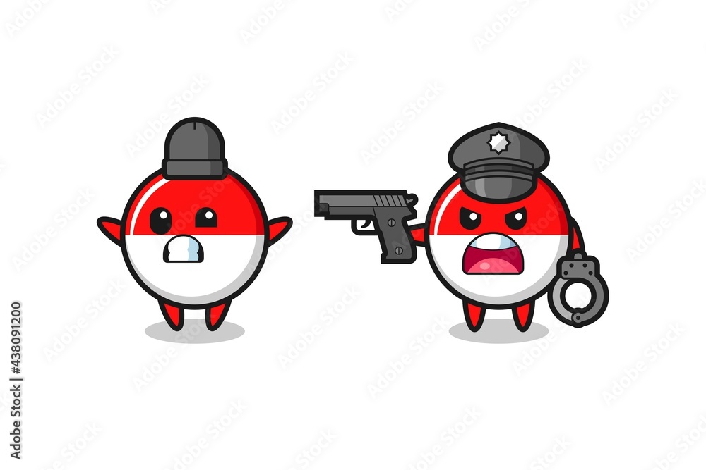 illustration of indonesia flag badge robber with hands up pose caught by police