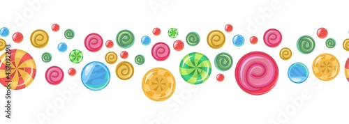 Sweets and scattered. Seamless. Assorted dessert interspersed. Candy caramel. Border seamless. Flat Background illustration. Vector