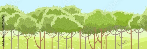 Thin young trees. Forest or garden. Against the backdrop of grassy green rural hills. A beautiful and graceful summer landscape. Flat style. Cartoon design. Seamless  Vector