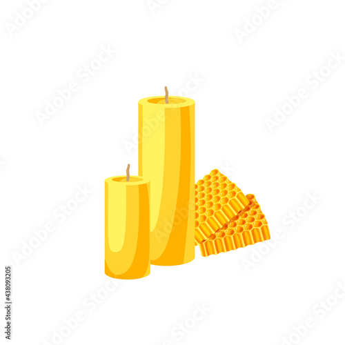 Beeswax candles and honeycomb pieces. Vector illustration cartoon flat icon isolated on white background.