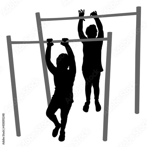 Vector silhouettes 2 little chubby girl, preschooler, child stands at the horizontal bar, hands are raised, holds the bar. Physical development, education, lifestyle. Isolated white background