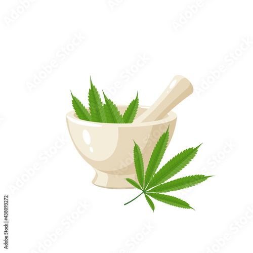 Hemp leaves in porcelain mortar and pestle. Vector illustration cartoon flat icon isolated on white background.