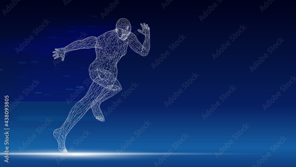 3D rendering running man from mesh.,point connecting network on blue background. 3D rendering running man from mesh.,point connecting network on blue background.