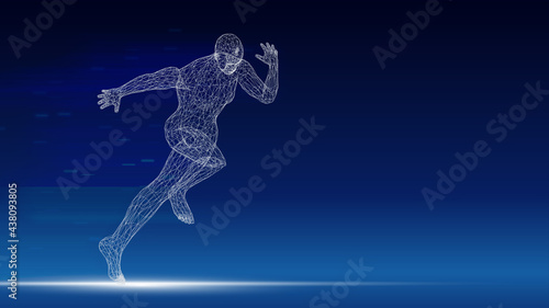 3D rendering running man from mesh.,point connecting network on blue background.