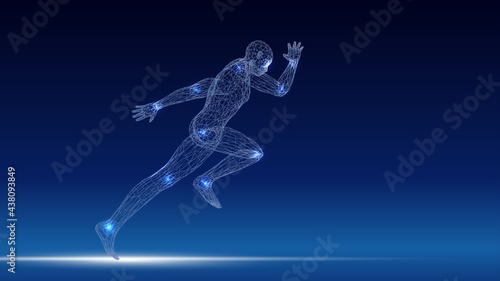 3D rendering running man from mesh.,point connecting network on blue background.