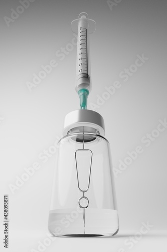 3D rendering Covid-19 vaccine syringe with Exclamation Mark symbol in bottle Problem hazard risk warning Vaccination Campaign Herd immunity protection concept design on grey background with copy space