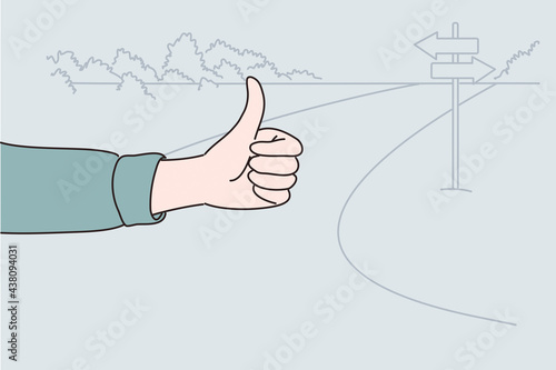 Hitchhiking, hitching, thumbing concept. Human hand showing thumbs up sign during Travel, trip, vacation, wanderlust outdoors vector illustration 