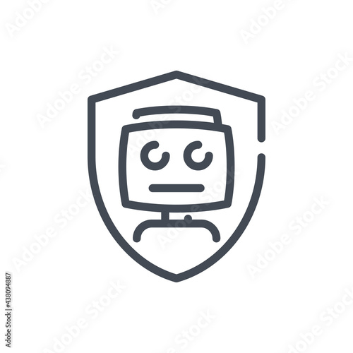 Robot with shield line icon. Cyber protection and secure of artificial intelligence vector outline sign.