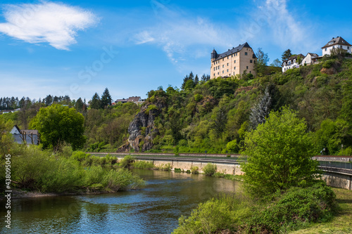 View towards Schadeck Castle in Runkel an der Lahn   Germany 