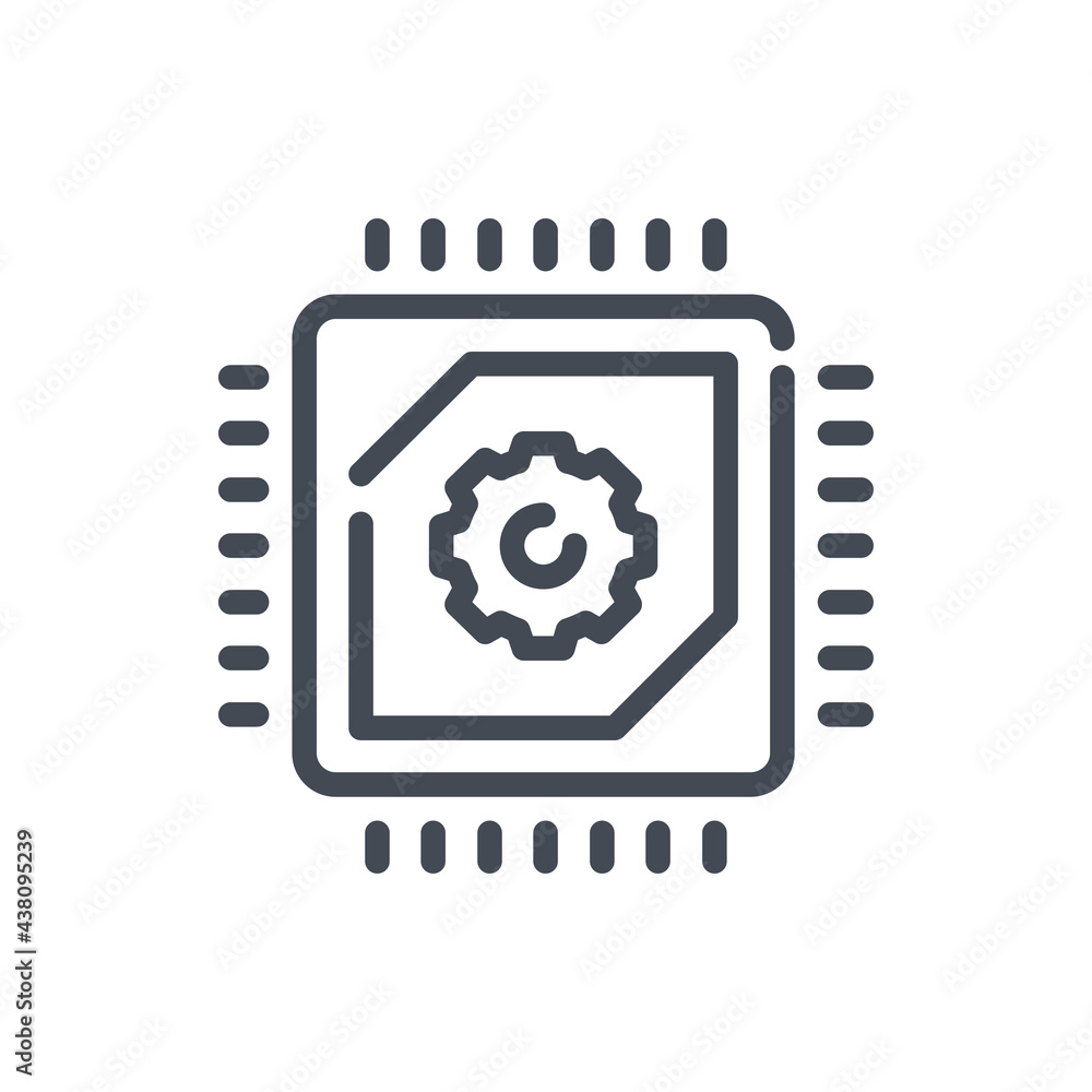 Computer chip with gear line icon. Microchip or processor with connections vector outline sign.