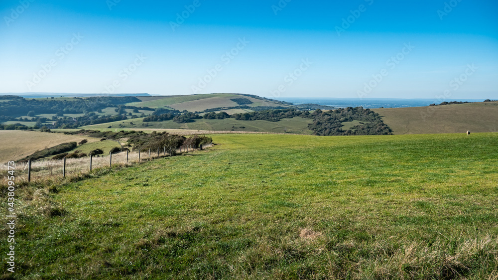 Naklejka premium The South Downs, Sussex, England. The rolling countryside of the south coast on a bright autumn day with the English Channel visible in the distance.