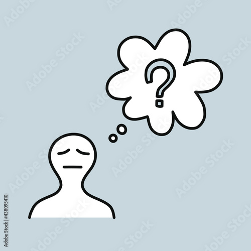 Doodle art of man with worry face and speech bubble with question mark. Graphic for thinking concept.