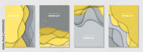 Vector vertical flyers with grey and yellow paper cut waves shapes. 3D abstract paper style, design layout for business presentations, posters, prints, decoration, cards, brochure cover, banners.