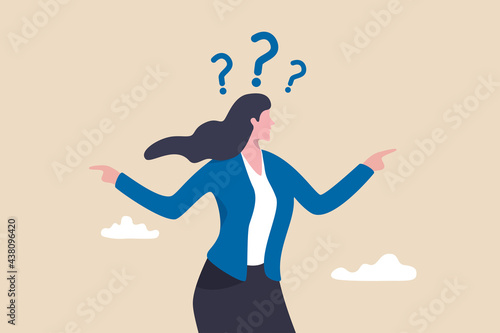 Business doubt choice, make decision on work direction, choose career path or option or alternative concept, doubtful businesswoman choosing choice and pointing her finger to left and right direction.