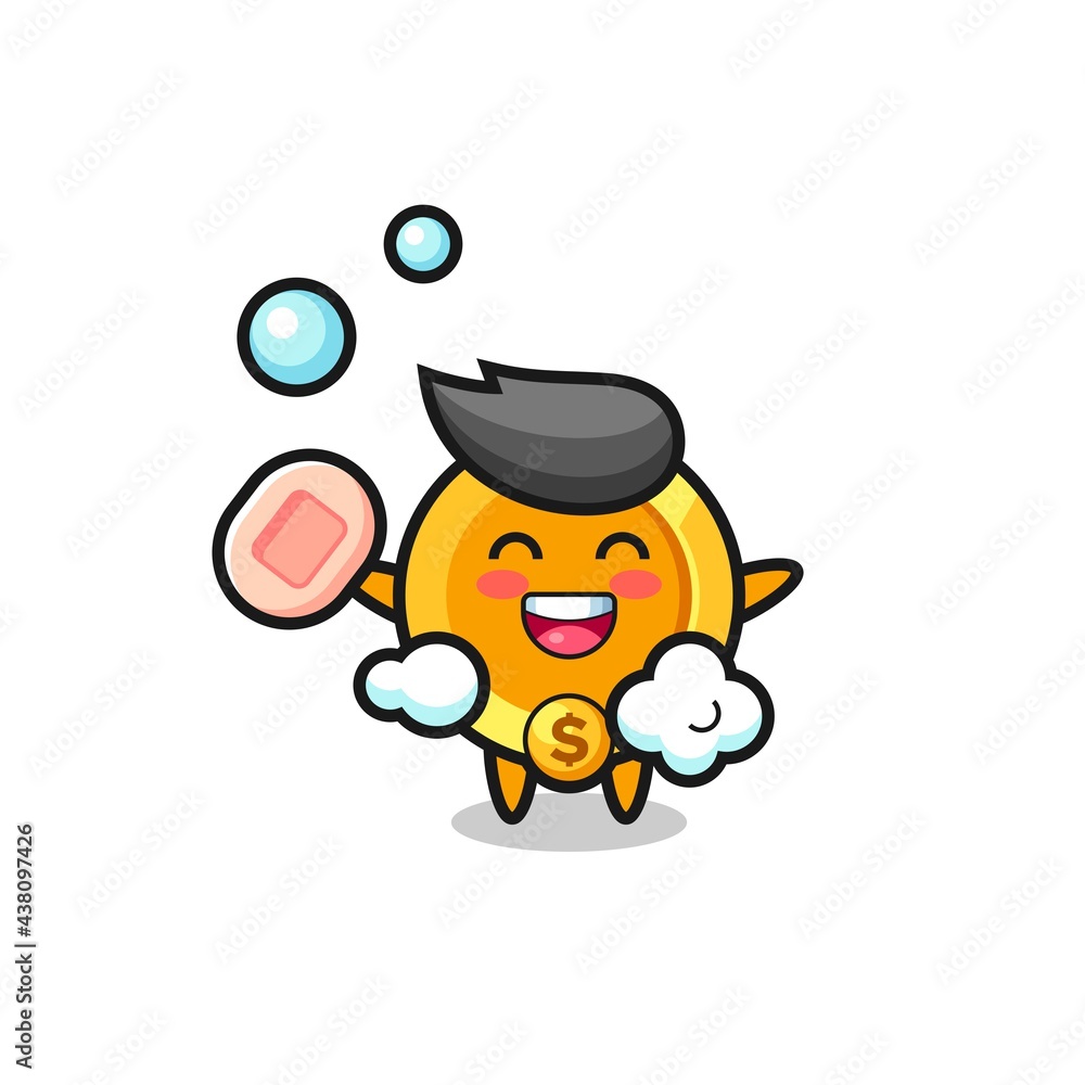 dollar currency coin character is bathing while holding soap