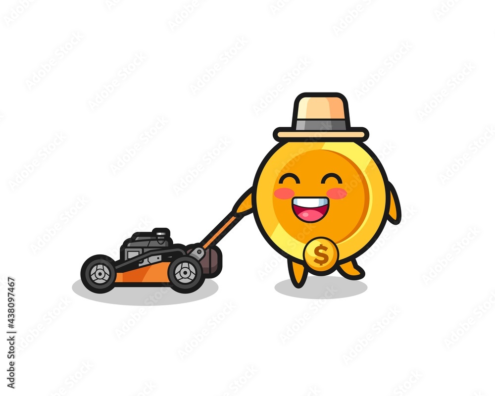 illustration of the dollar currency coin character using lawn mower illustration of the dollar currency coin character using lawn mower
