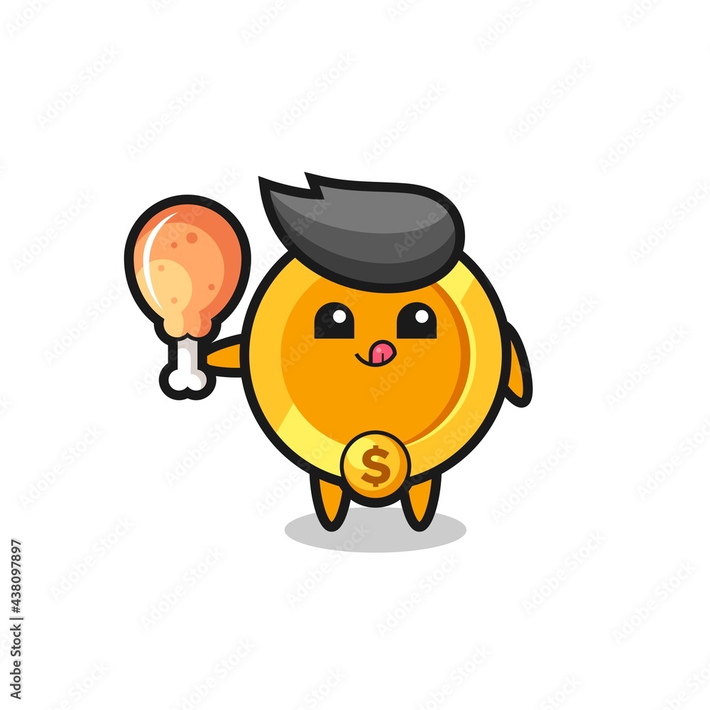 Obraz premium dollar currency coin cute mascot is eating a fried chicken