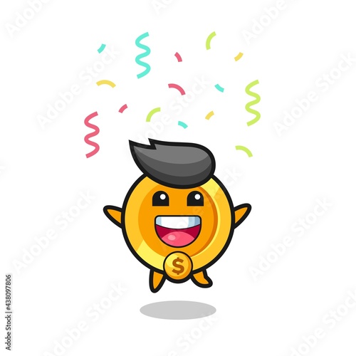 happy dollar currency coin mascot jumping for congratulation with colour confetti