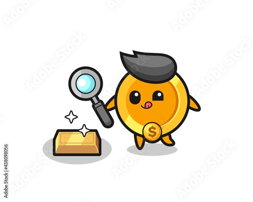 dollar currency coin character is checking the authenticity of the gold bullion