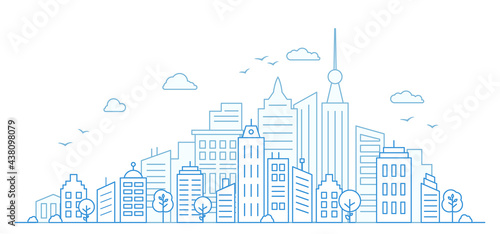 Thin line City landscape on white background. Panorama