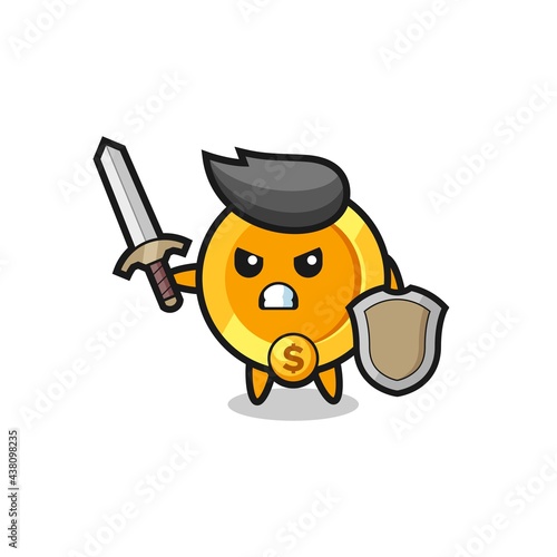 cute dollar currency coin soldier fighting with sword and shield