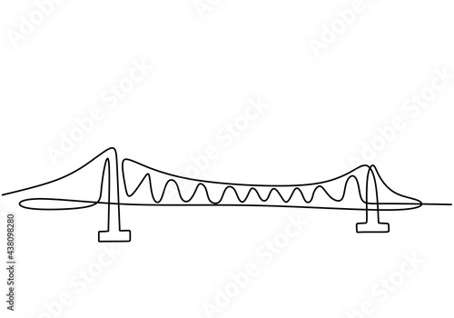 Giant bridge over river. Continuous one line of bridge drawing design. Simple modern minimalist style isolated on white background.