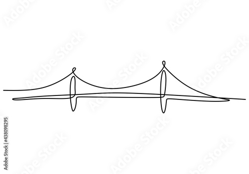 Giant bridge over river. Continuous one line of bridge drawing design. Simple modern minimalist style isolated on white background.