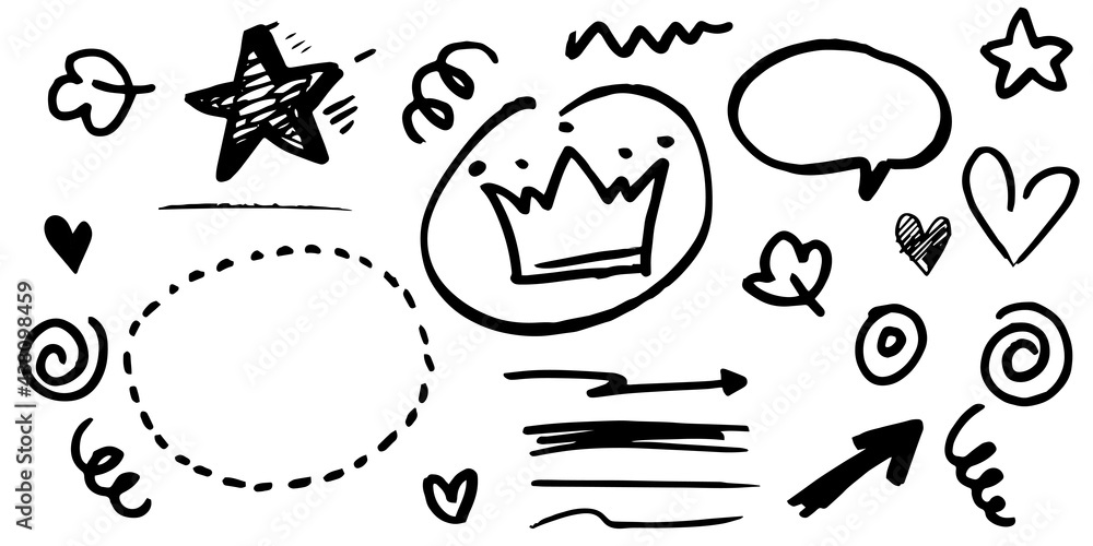 Obraz premium hand drawn set of curly swishes, swashes, swoops. Abstract arrows, Arrow, heart, love, star, leaf, sun, light, crown, king, queen, on doodle style for concept design. vector illustration.