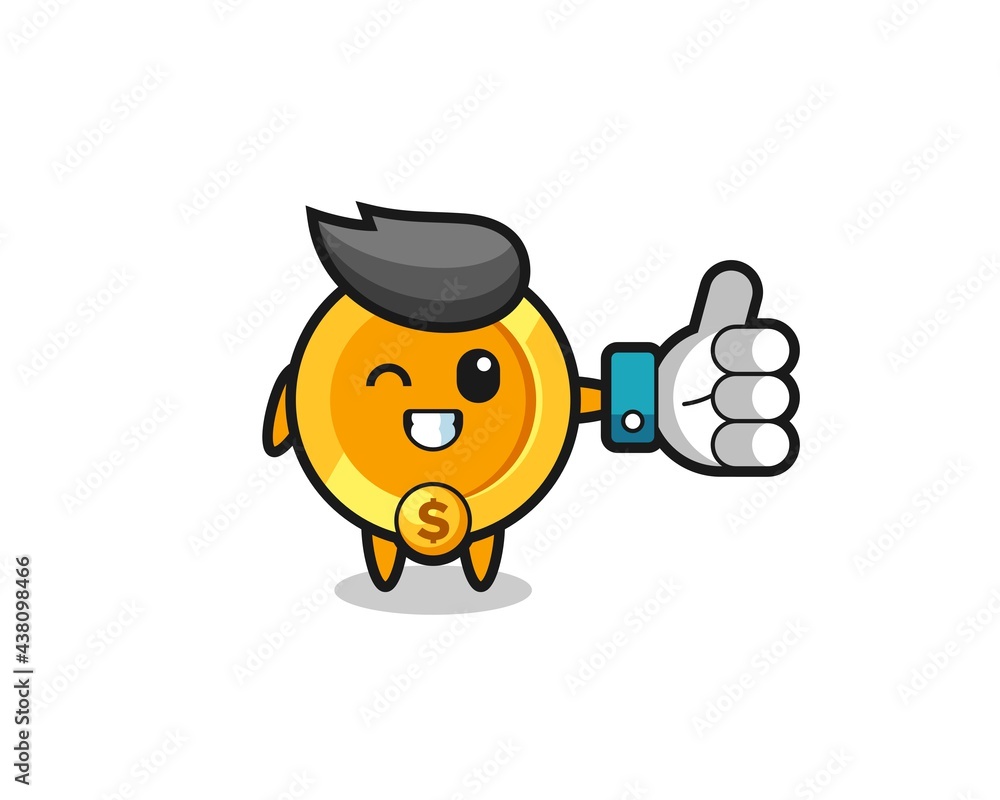 Fototapeta premium cute dollar currency coin with social media thumbs up symbol
