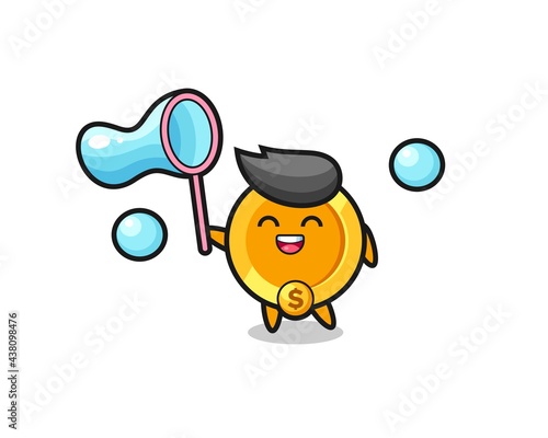 happy dollar currency coin cartoon playing soap bubble