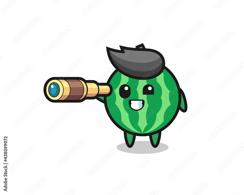 Obraz premium cute watermelon character is holding an old telescope