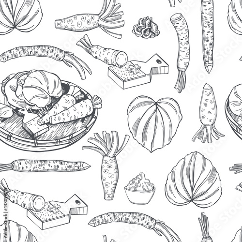 Wasabi, root and leaves. Vector pattern.