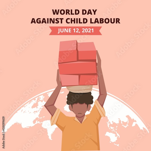 World day against child labour background with children working in a construction field. Flat style vector illustration concept of anti child exploitation campaign for poster and banner