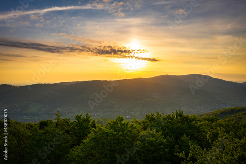 Fototapeta Naklejka Na Ścianę i Meble -  Panorama of the Silesian Beskids from Rownica peak at sunrise. Poland