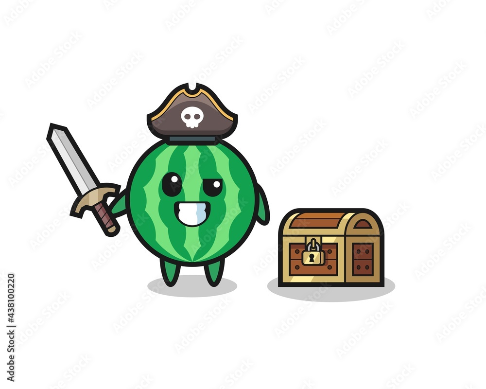 the watermelon pirate character holding sword beside a treasure box the watermelon pirate character holding sword beside a treasure box