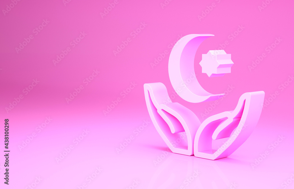 Pink Star and crescent - symbol of Islam icon isolated on pink background. Religion symbol. Minimalism concept. 3d illustration 3D render Pink Star and crescent - symbol of Islam icon isolated on pink background. Religion symbol. Minimalism concept. 3d illustration 3D render