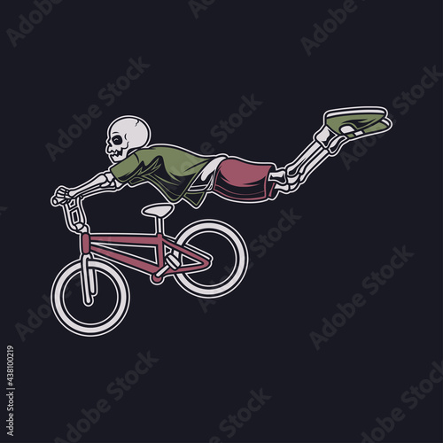 vintage t shirt design a skull with a flying position in a hovering style bicycle illustration