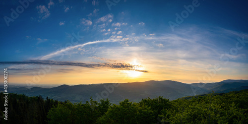 Fototapeta Naklejka Na Ścianę i Meble -  Panorama of the Silesian Beskids from Rownica peak at sunrise. Poland