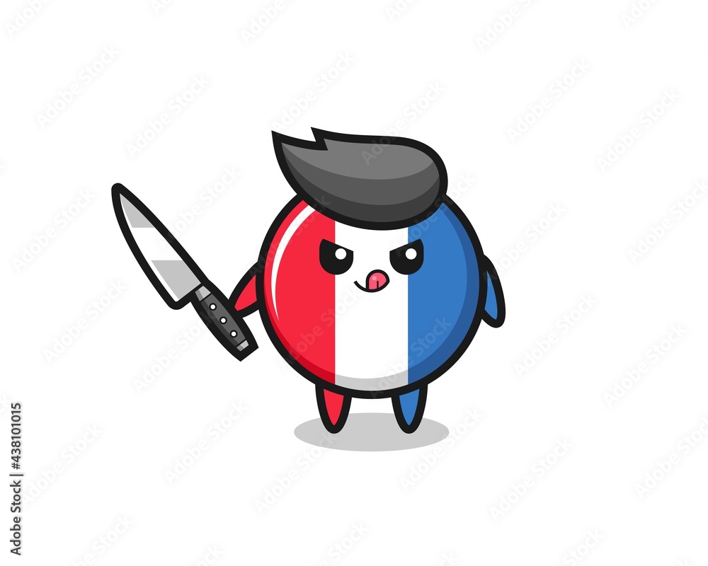 cute france flag badge mascot as a psychopath holding a knife