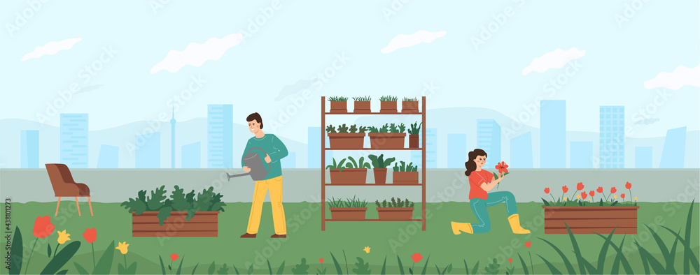 A garden full of greenery on the roof of the building, a man watering the plants, a woman caring for the flowers. The concept of an eco-friendly green place in an urban environment.