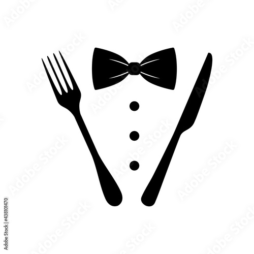 Símbolo restaurante de lujo. Logotipo con cubiertos y pajarita en color negro
