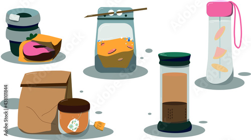 Illustration of a set of drinks. Set flat vector illustration. Bring your own cup. Eco-friendly banners with zero waste lifestyle tips. Metal or glass cup instead of disposable one. drink to go. 