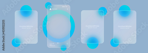 Photo carousel template. Social media concept. Glassmorphism style. Vector illustration. Realistic glass morphism effect with set of transparent glass plates.
