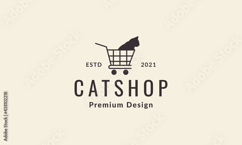 lines trolley shop with cat logo vector icon illustration design