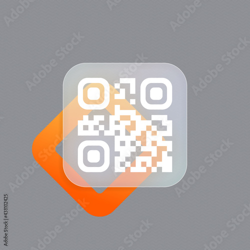 Qr code scan badge. Technology for instant payment or tech pay method without money. Glassmorphism style. Vector illustration. Realistic glass morphism effect with set of transparent glass plates