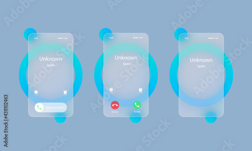 Ringing smartphone realistic set. Incoming call. Glassmorphism style. Vector illustration. Realistic glass morphism effect with set of transparent glass plates